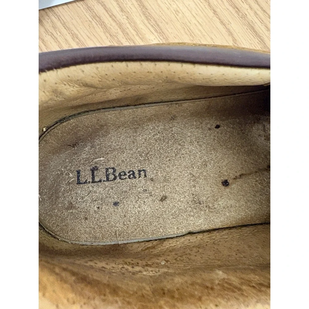 LL Bean Moccasin Loafers Men 11 Brown Leather Hand Sewn Slippers Flannel Lined